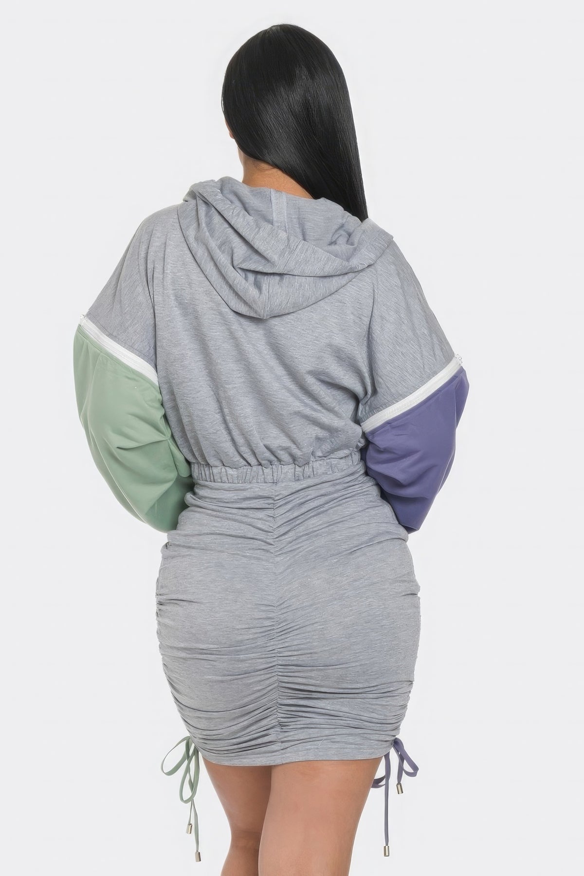 Sweater Dress Two In One Detachable Sleeve Zipper Color-block Casual Mini Dress with Hood