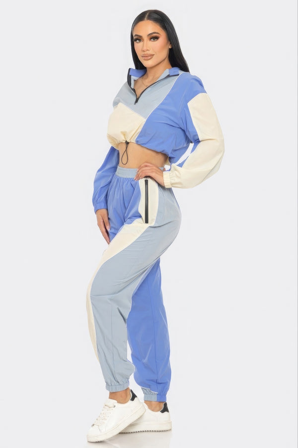 Outfit Set New Women's Fashion Blue Color block Tracksuit Cropped Jacket and Sweatpants