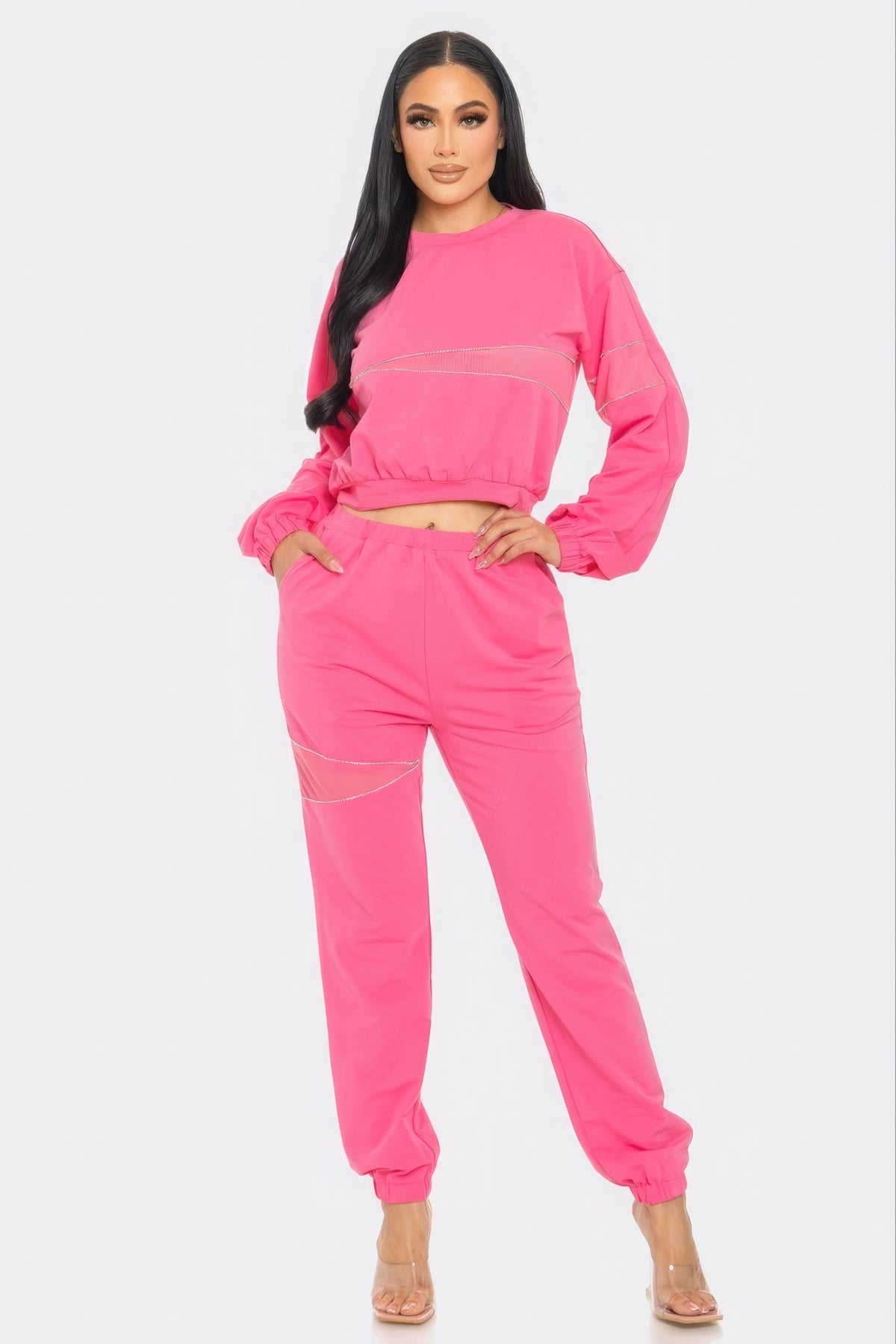 Fashion Outift Set Sweater and Sweatpants Jogger Two Piece  Pink with Rhinestone Detail Sport Fashion  and Loungewear