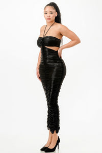 Black Maxi Dress Women's Fashion Waist Cutout Metallic Rushed Halter Party Dress