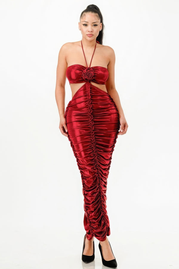 Red Maxi Dress New Women's Fashion Metallic Rushed Halter Dress