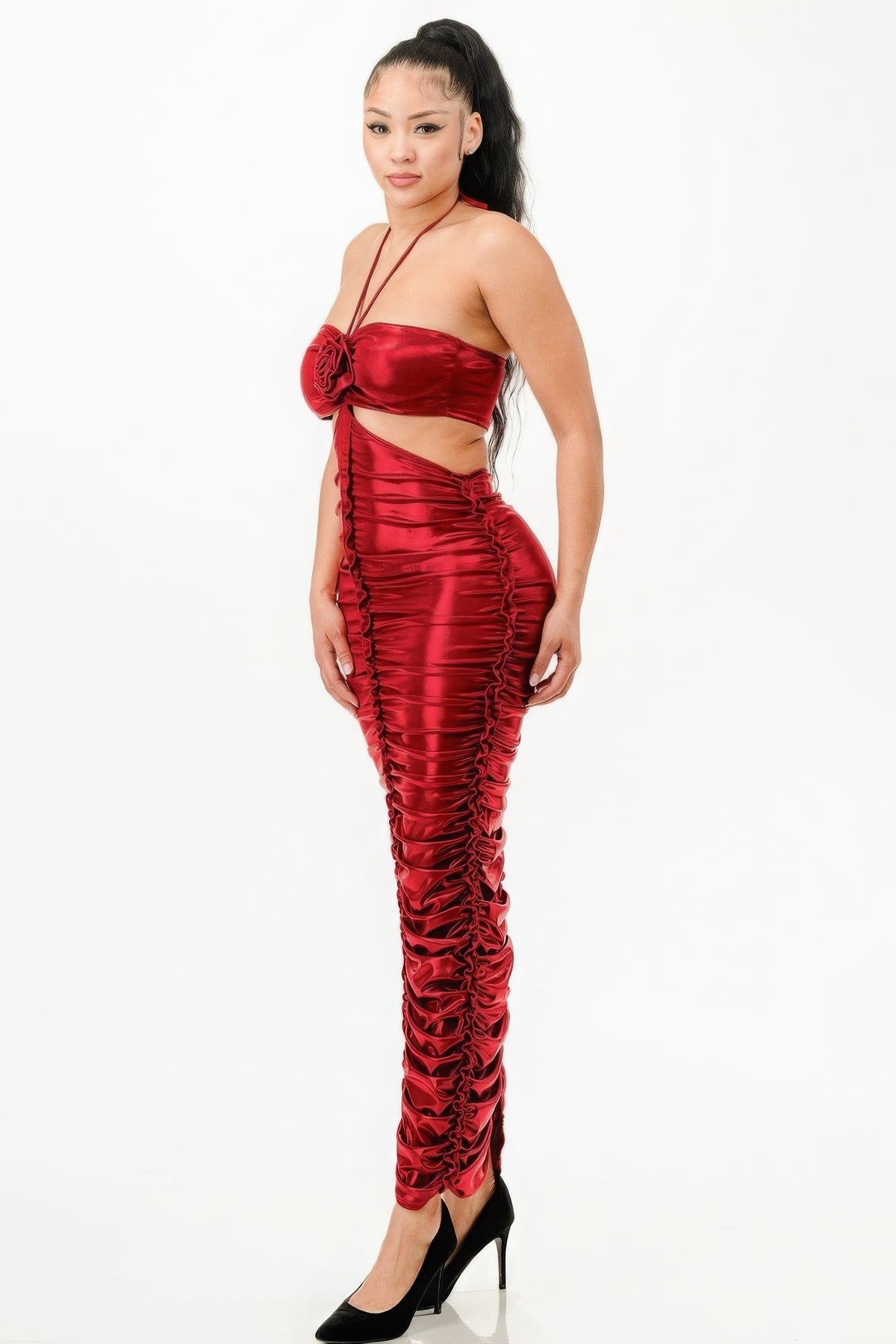 Red Maxi Dress New Women's Fashion Metallic Rushed Halter Dress