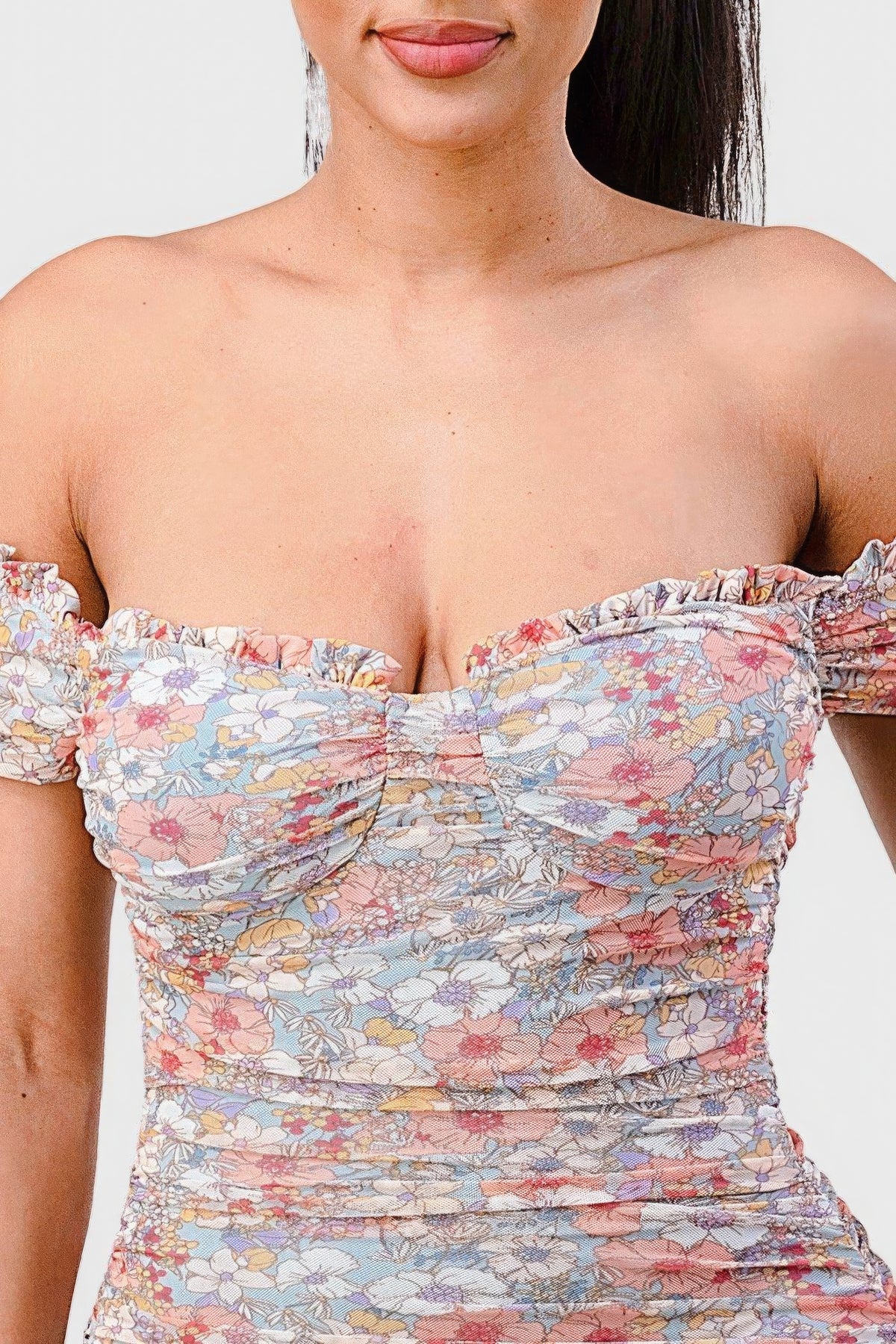 Floral Print Mesh Sweetheart Ruffled Off Shoulder Ruched Summer Mini Dress