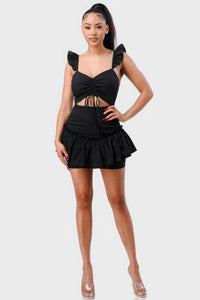 Black Short Sleeve Dress Sweetheart With Drawstring Bow Cutout Ruffled Flutter Sleeves Mini Dress