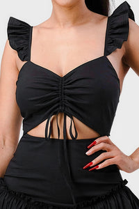 Black Short Sleeve Dress Sweetheart With Drawstring Bow Cutout Ruffled Flutter Sleeves Mini Dress