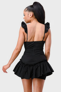 Black Short Sleeve Dress Sweetheart With Drawstring Bow Cutout Ruffled Flutter Sleeves Mini Dress