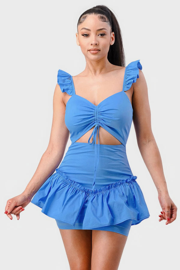 Blue Short Sleeve Summer Dress Sweetheart With Drawstring Bow Cutout Ruffled Flutter Sleeves Mini Dress