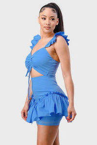 Blue Short Sleeve Summer Dress Sweetheart With Drawstring Bow Cutout Ruffled Flutter Sleeves Mini Dress