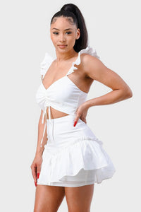 White Sweetheart Short Sleeve Dress Womens Fashion With Drawstring Bow Cutout Ruffled Flutter Sleeves Mini Dress