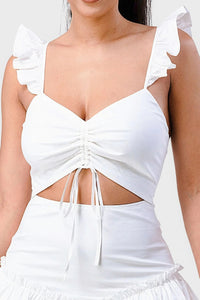 White Sweetheart Short Sleeve Dress Womens Fashion With Drawstring Bow Cutout Ruffled Flutter Sleeves Mini Dress