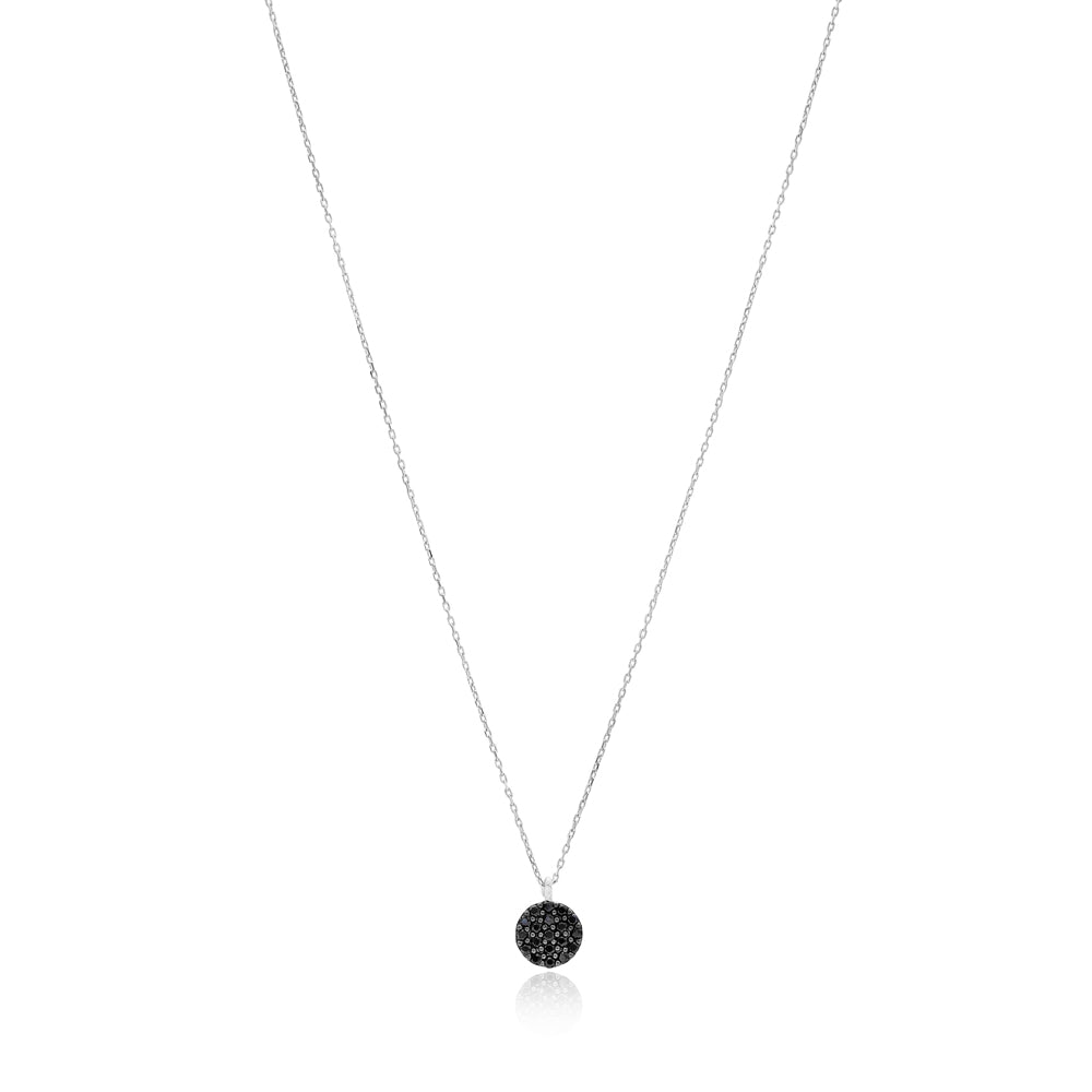 Midnight Black Single Circle Pave Diamond CZ Charm .925 Sterling Silver Daily Necklace