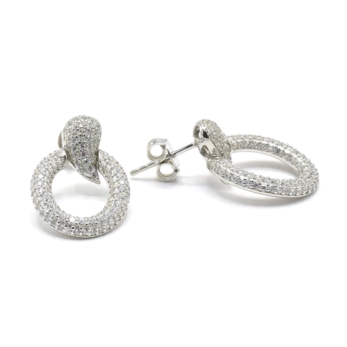 Waterdrop Wave Open Circle Pave Diamond CZ Statement Event .925 Sterling Silver Earrings