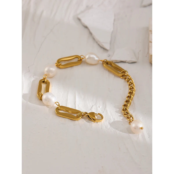 Yhpup Stainless Steel Chain Bracelet Elegant Natural Pearl Jewelry