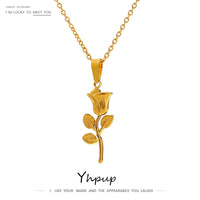Yhpup Trendy Metal Rose Flower Pendant Necklace 316 Stainless Steel