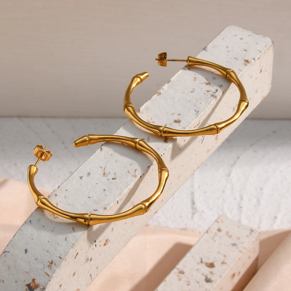 Thin Bamboo Large Gold Hoop Earrings KESLEY New Minimalist Medium Size Hoop Earrings Waterproof Hypoallergenic