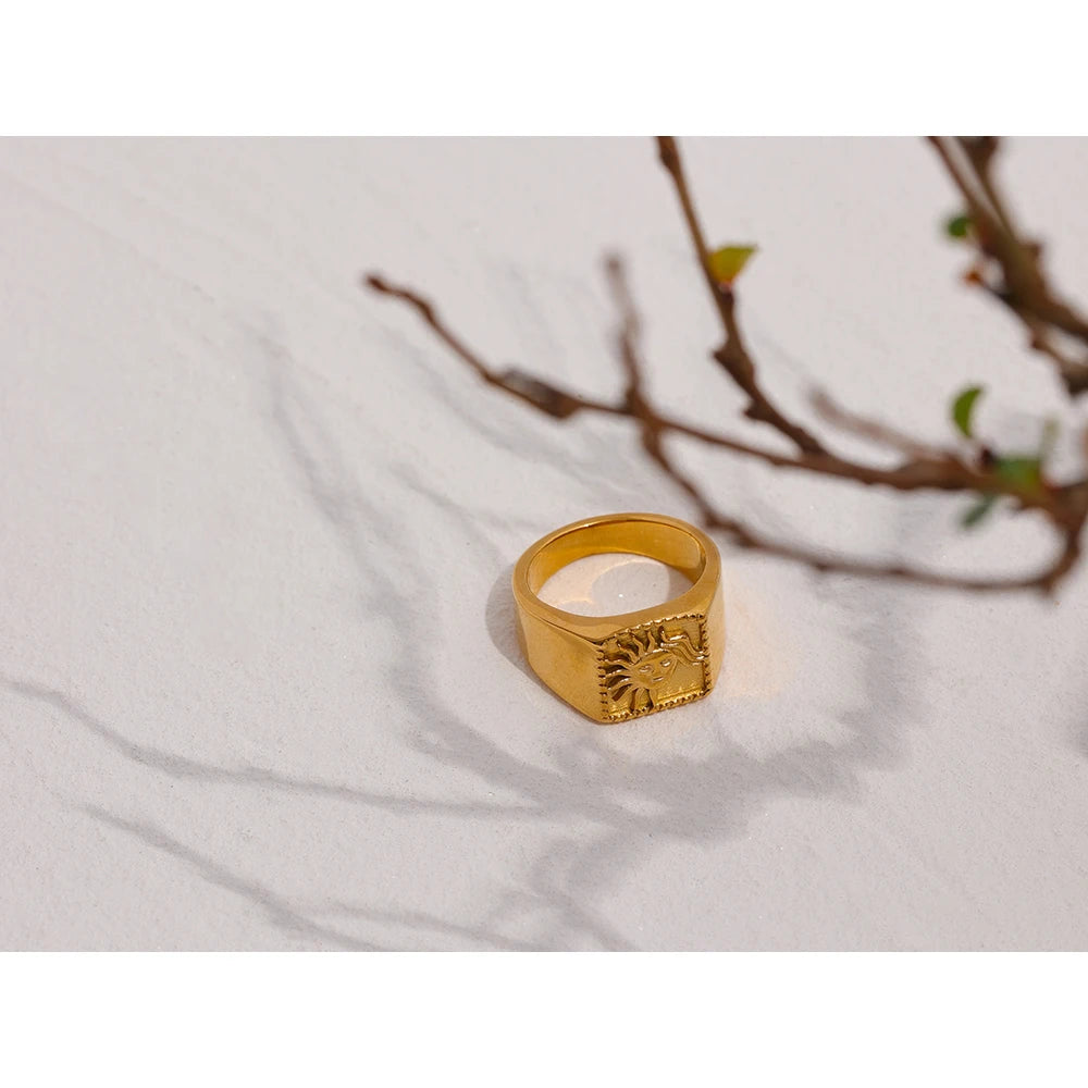 Yhpup Sun Abstract Ring Stainless Steel Golden Texture Metal Geometric