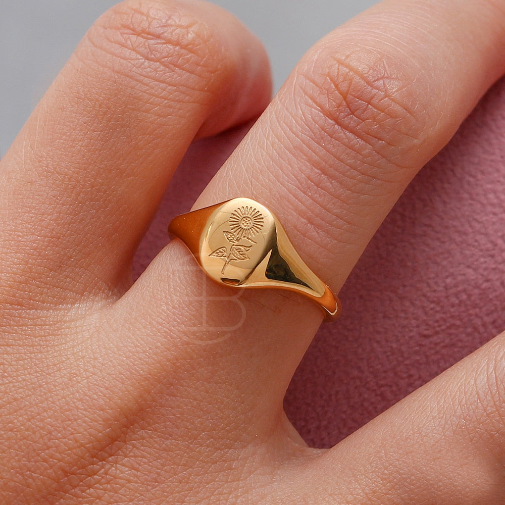 Engraved Flower Ring Waterproof Ring Tarnish Free Stainless Steel 18k Gold Plated Engraving KESLEY