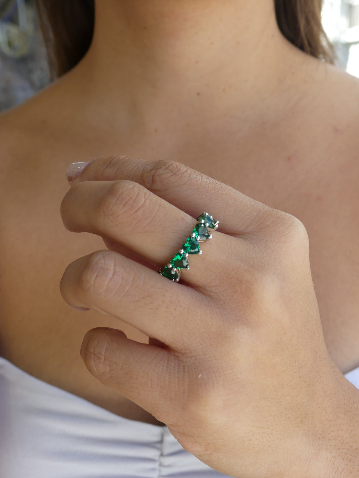 Heart ring AND emerald green diamond-ring band sterling silver  .925 waterproof statement heart rings - eternity statement rings with yellow diamonds canary white gold  designer inspired. Gift ideas. Green and silver rings. things to do in Miami, famous jewelry store trending on instagram and tiktok, influencer style, Miami, brickell, Green and silver jewelry. Kesley Boutique Miami