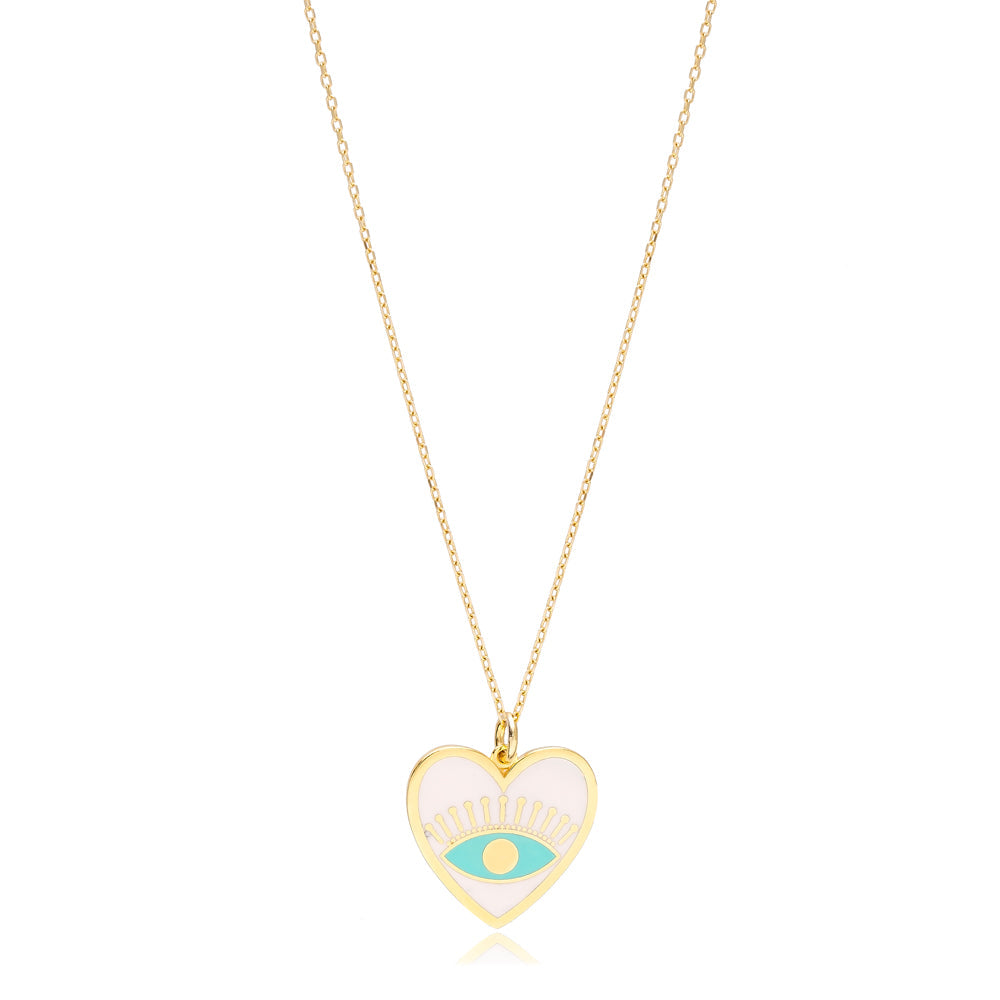 Evil Eye Heart Of Gold Outline with SkyBlue Enamel Everyday .925 Sterling Silver Necklace