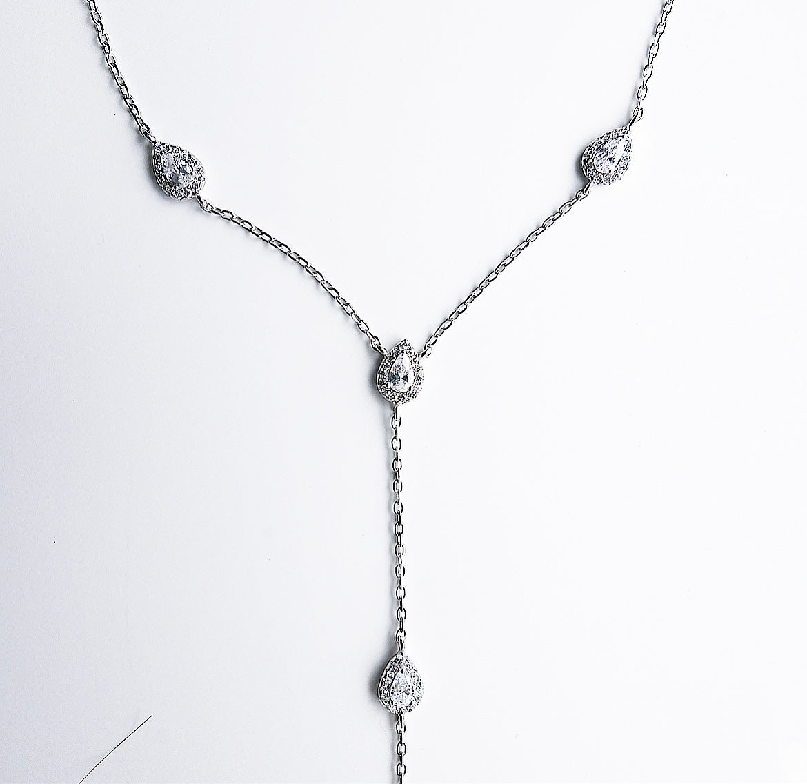 Waterdrop Lariat Necklace Zircon Halo 925 Sterling Silver Luxury Statement Y Drop Necklace