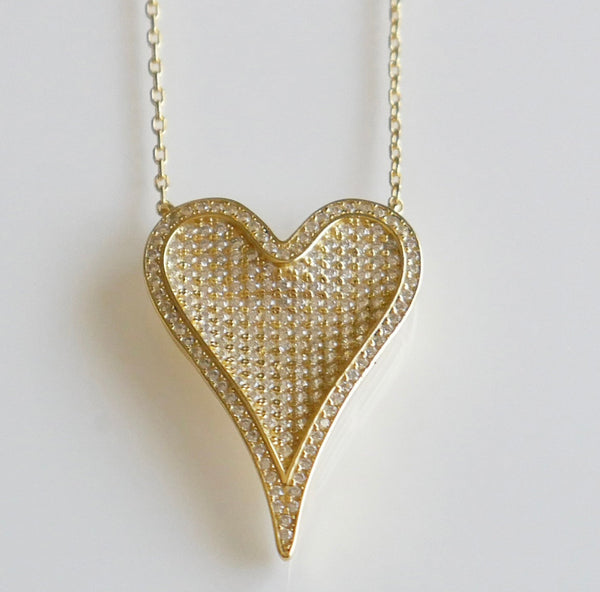 Large Heart Necklace, Pave Diamond CZ Glamorous Girl .925 Sterling Silver Necklace