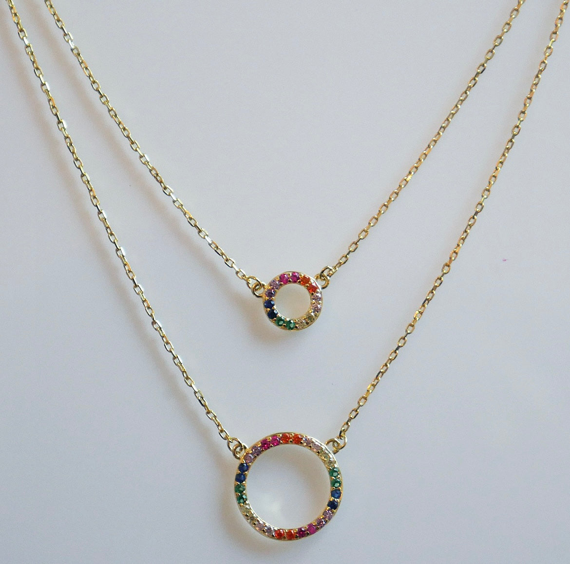 Circle Layered Necklace, 18K Gold Plated .925 Sterling Silver Diamond CZ 2:1 Dainty Necklace