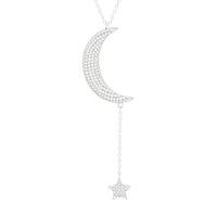 Moon with star hanging y Necklace, lariat necklace with moon and star, diamond pave cz moon necklace with star hanging from chain .925 sterling silver, waterproof necklaces lariat necklaces, popular jewelry for men and women, cute necklaces, moon and star necklaces for gift nice jewelry that wont tarnish or turn green, necklaces for sensitive skin moon and star necklaces with diamond cz  