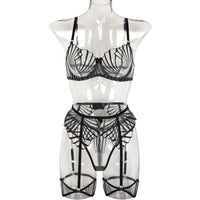 Women Clothes Embroidered Geometric Abstract Stripes Embroidery Stitching Sexy Semi See through Sexy Lingerie Four Piece Set