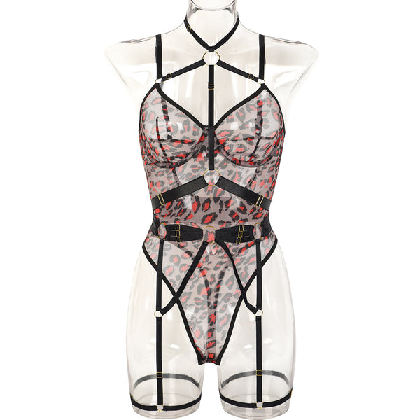 Leopard Print Sheer Mesh Strap Sexy Lingerie with Steel Ring Sexy Bodybuilding Jumpsuit