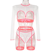 Mesh See through Patchwork Lace up Heavy Craft Complex Three Piece Sexy Lingerie