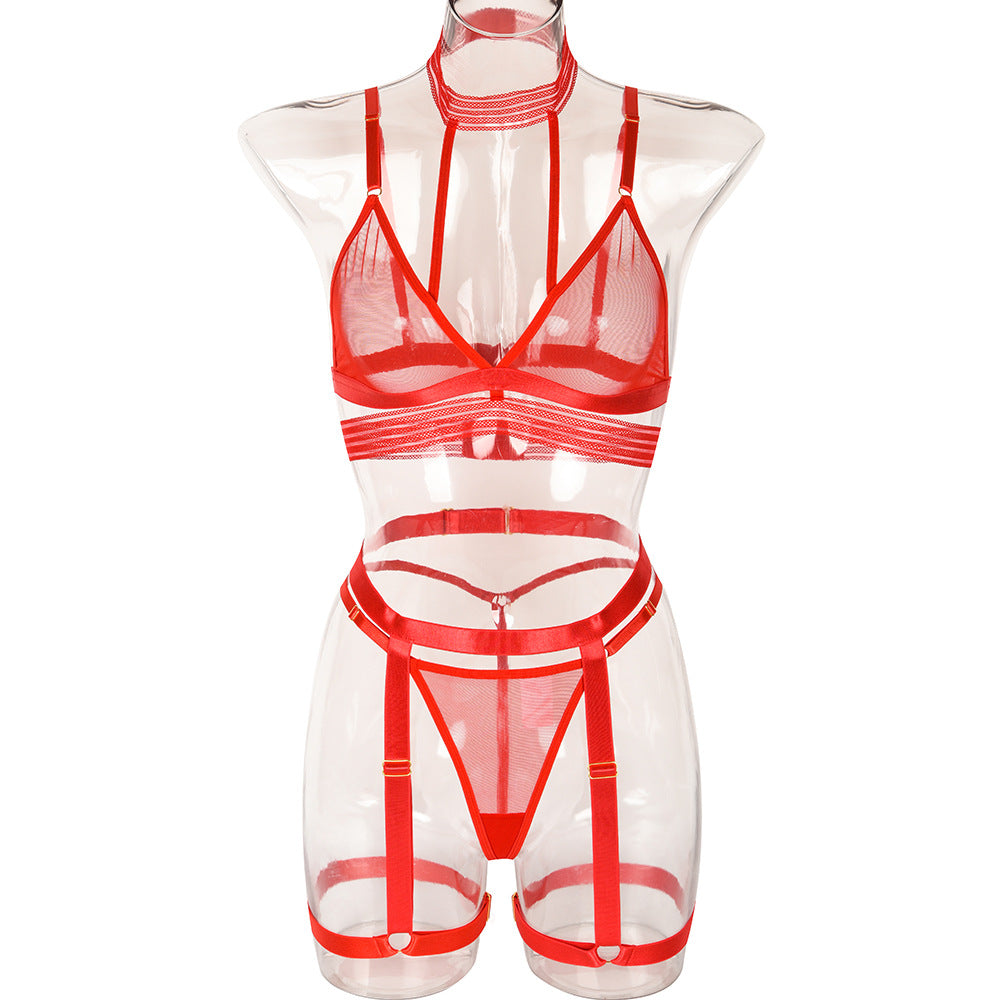 Women Clothing Thin See through Comfortable Halter Sexy Lingerie Three Piece Set