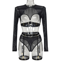 Mesh See through Patchwork Lace up Heavy Craft Complex Three Piece Sexy Lingerie