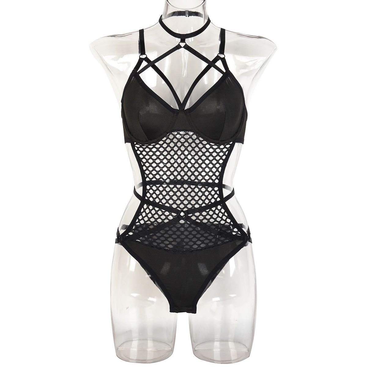 Trendy Large Mesh Hole Hollow Out Cutout out Complex Cross Strap Sexy Inner Wear Jumpsuit Hidden Hook Detachable