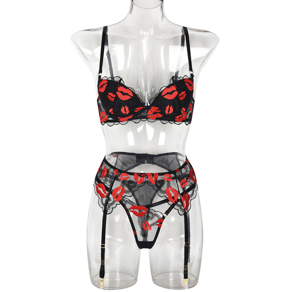 Valentine Day Red Lips Embroidery Push up Mold Cup Sexy Three Piece Suit