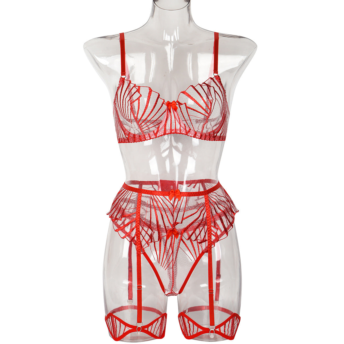 Women Clothes Embroidered Geometric Abstract Stripes Embroidery Stitching Sexy Semi See through Sexy Lingerie Four Piece Set