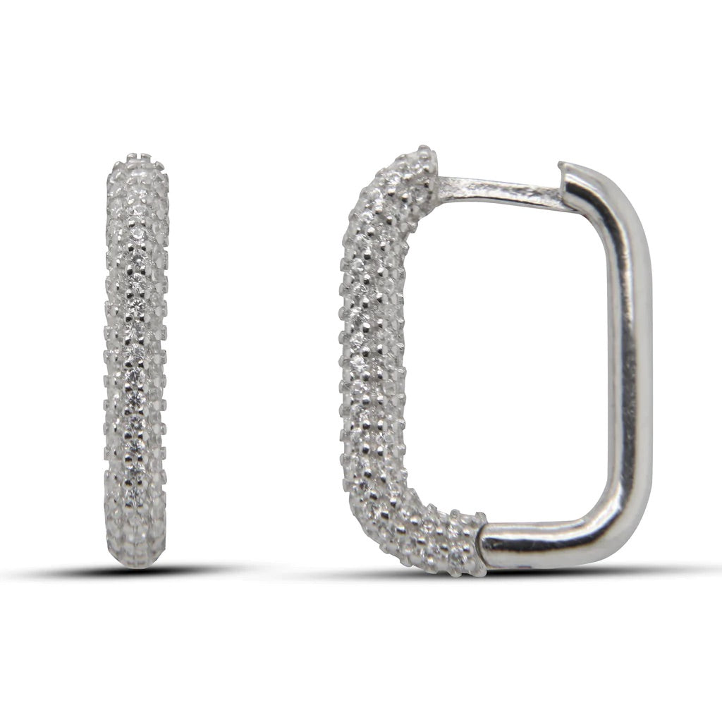 Daily Rectangle Front Pave Diamond CZ Sterling Silver Hoop Earrings