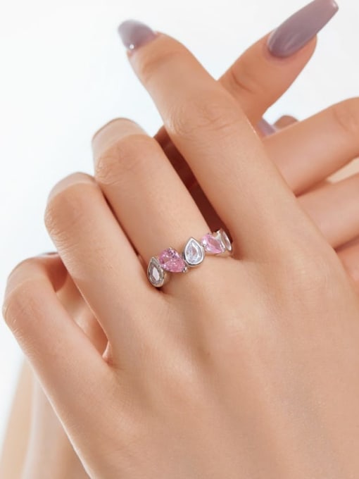 Irregular Pear Shape Ring, Pink Zircon .925 Sterling Silver Front Eternity Statement Ring