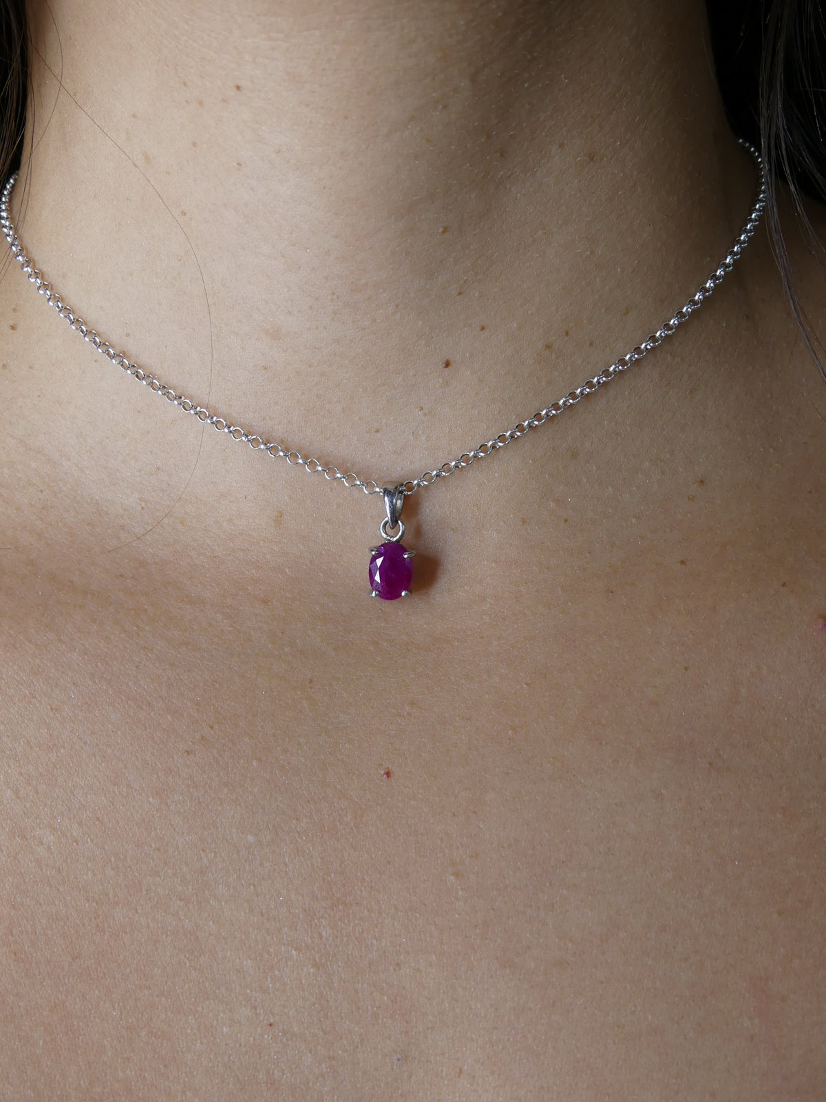 Ruby Gemstone Necklace, .925 Sterling Silver Oval Vintage Single Gem Natural Stone Necklace