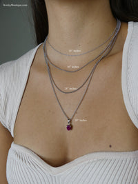 Necklace length example 14 inch necklace, 16 inch necklace , 18' inch necklace and how long  is 20" inch necklace. How to know how long a necklace is ruby necklace long  real ruby long necklace sterling silver white gold kesley boutique 