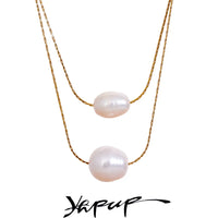 Yhpup Natural Freshwater Pearls Chain Double Layer Overlay Necklace