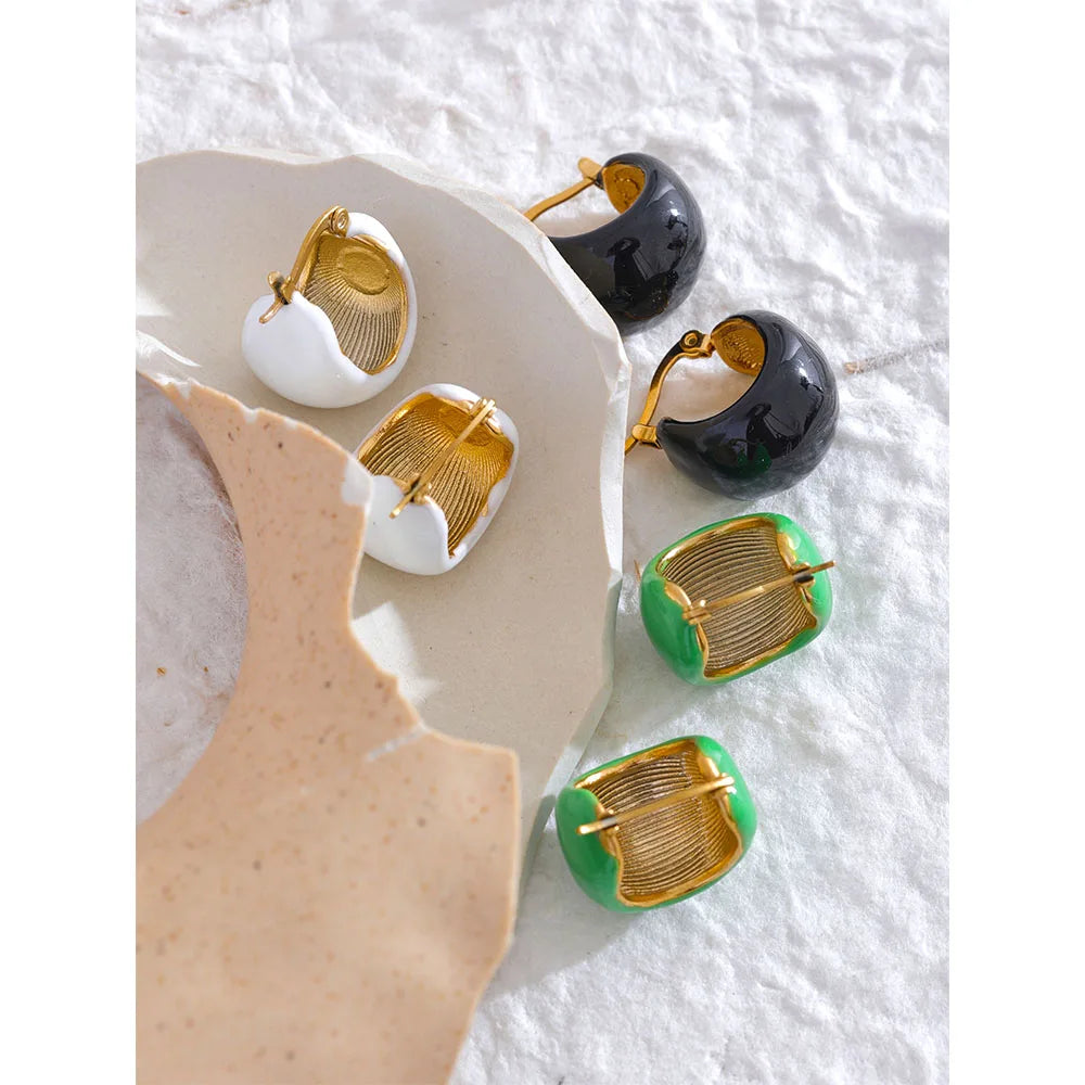 KESLEY Chunky Colorful Hoop Earrings Huggies 19K Gold Plated Hypoallergenic  Fashion Black White Green Enamel Geometric Stainless Steel Fashion Jewelry Waterproof