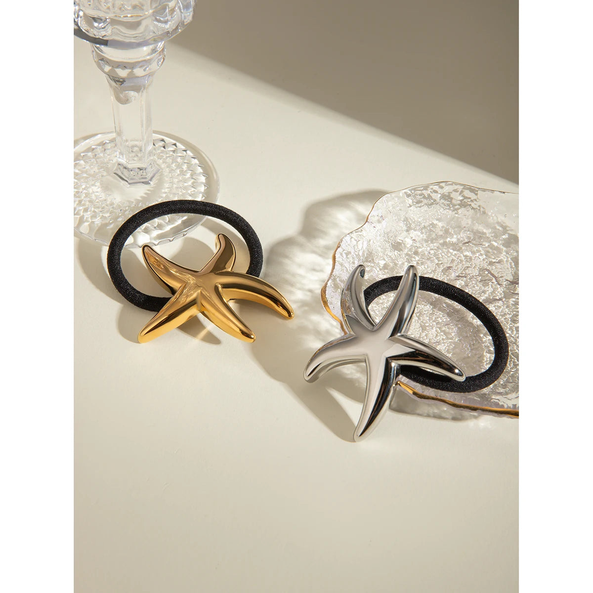 Hair Tie Jewelry KESLEY Starfish Hair Band Waterproof Stainless Steel 18K Gold Plated Glossy Slim Pentagram Hair Ring Hair