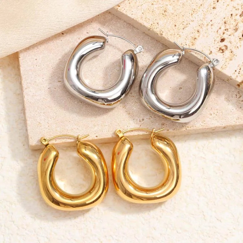 KESLEY Stainless Steel Gold Color Round Chunky Hoops Earrings for Women Luxury Medium Size Hoops