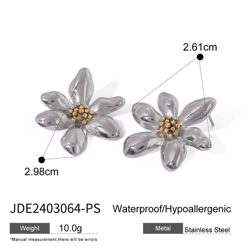 KESLEY Flower Stud Earrings Two Tone Gold and Silver Mix Chunky Stainless Steel Hypoallergenic Waterproof Jewelry