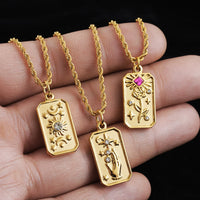 Stainless Steel Vintage Gold Plated Tarot Necklace for Women Sun Moon Square Pendant Necklaces