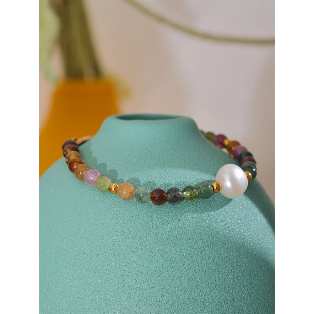 Yhpup Natural Tourmaline Stone Pearl Fashion Colorful Bead Bracelet
