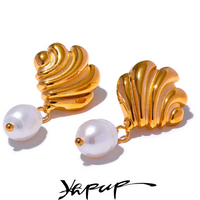 Yhpup Trendy Stainless Steel Geometric Natural Pearl Dangle Earrings