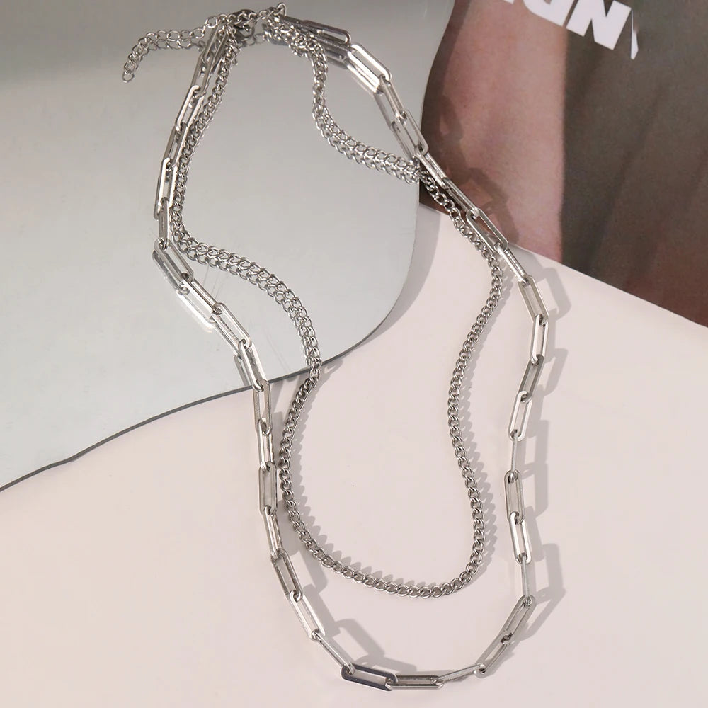 Stainless Steel Necklaces Classic Vintage Paper Clip Multilayer Chain