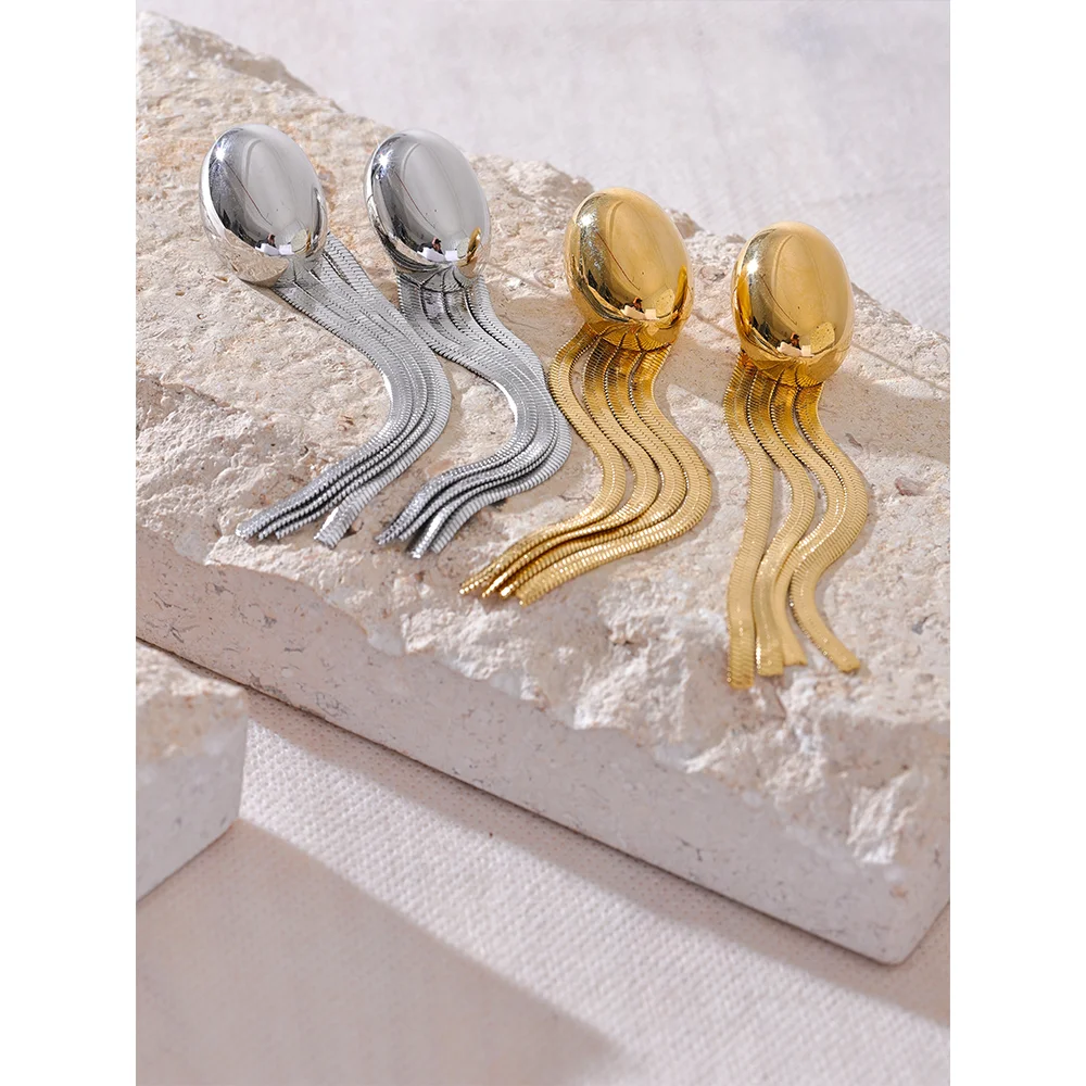 KESLEY Trendy Oval Tassel Snake Chain Long Hanging Drop Earrings Vintage Style Waterproof Earrings