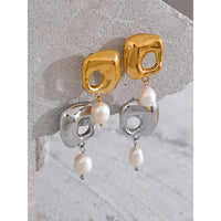 Yhpup New Stainless Steel Square Hollow Natural Pearl Drop Earrings